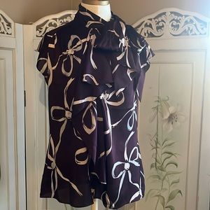 Ann Taylor silk blouse with tie buttons at neck and 95% silk plum and tan size M